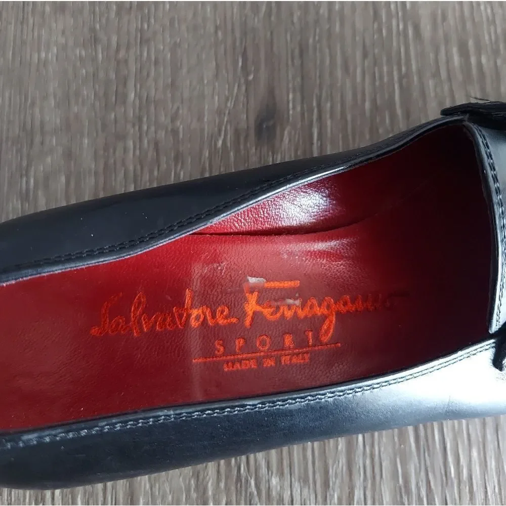 Salvatore Ferragamo Loafers Sport Black Leather Low Heel Dress Silver Loafer 5.5